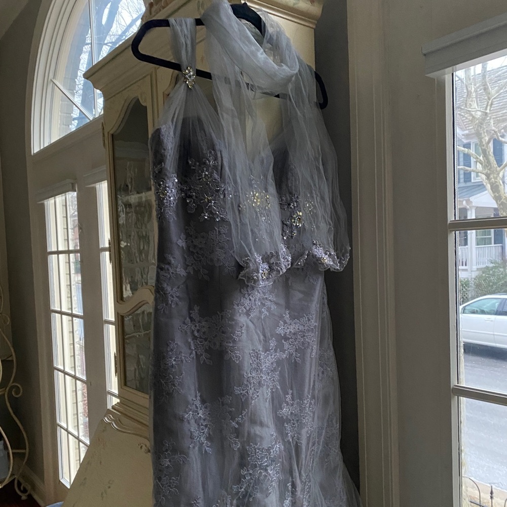 Montage by Mon Cheri - Silver Embroidered Grey/Gold Sequin Tulle Gown Size 10 - Picture 10 of 17